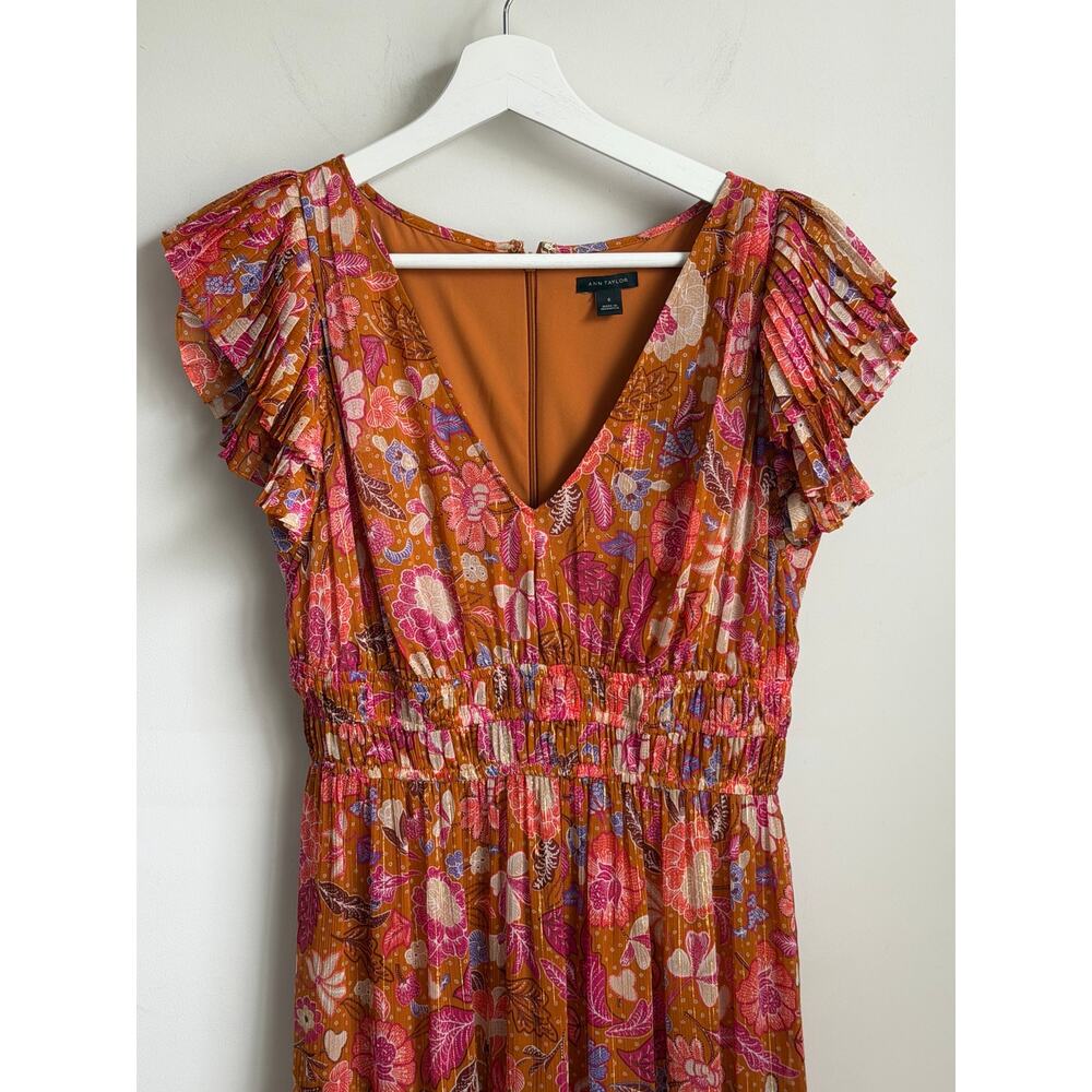 Ann Taylor Floral Print Flutter Sleeve V-Neck Maxi Dress Brown Multi Women's 0 - Picture 3 of 12
